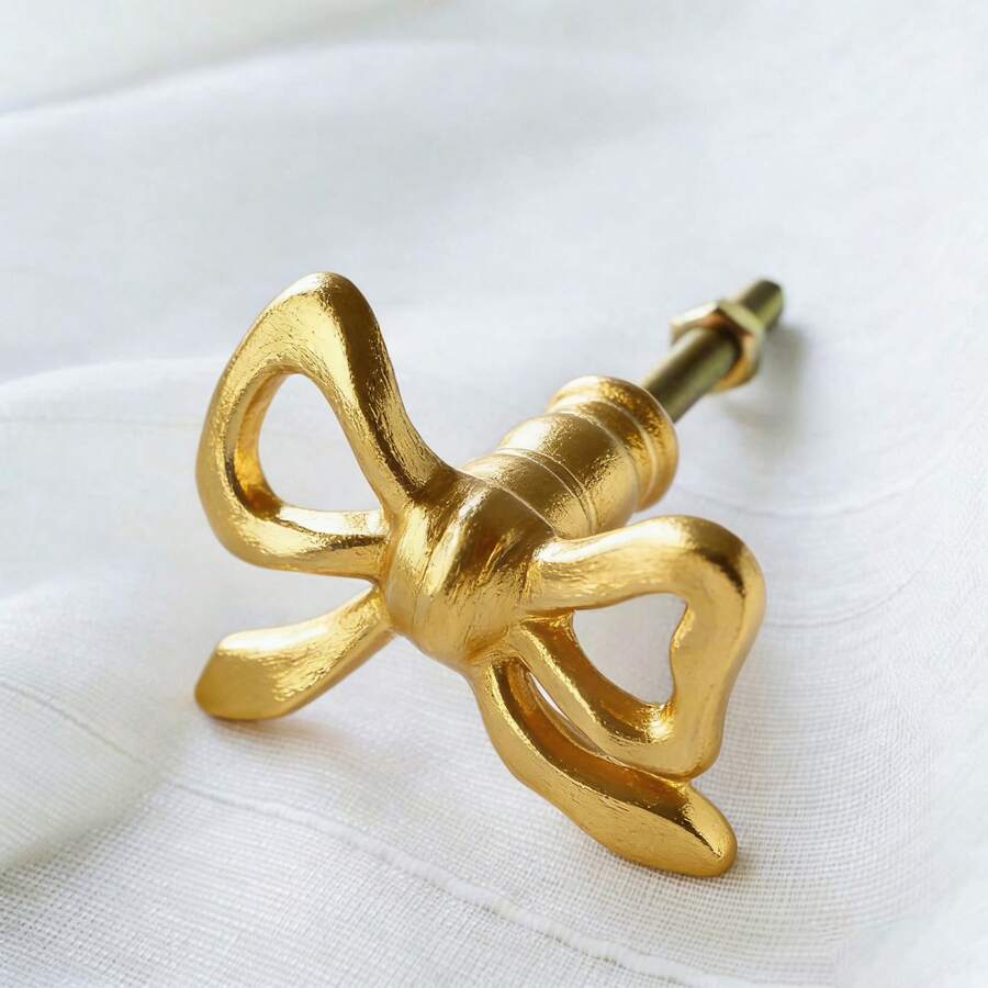 1pc French Luxury Gold Bowknot Pull Handle, Minimalist Wardrobe Drawer Vanity Bowknot Pull - Gold - View 1
