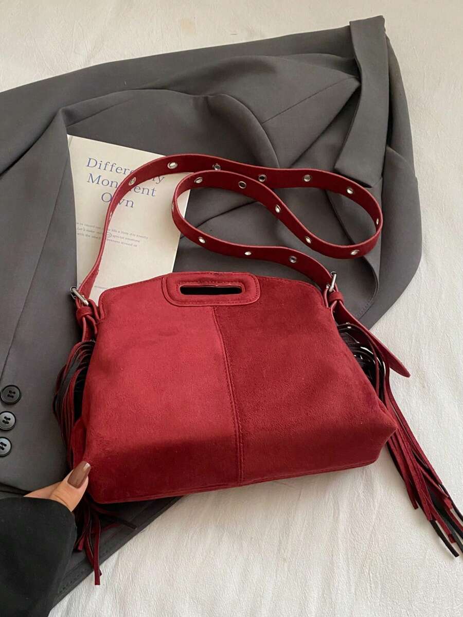 Retro Suede Fringe Handbag, High-End Shoulder Bag - Burgundy - View 1