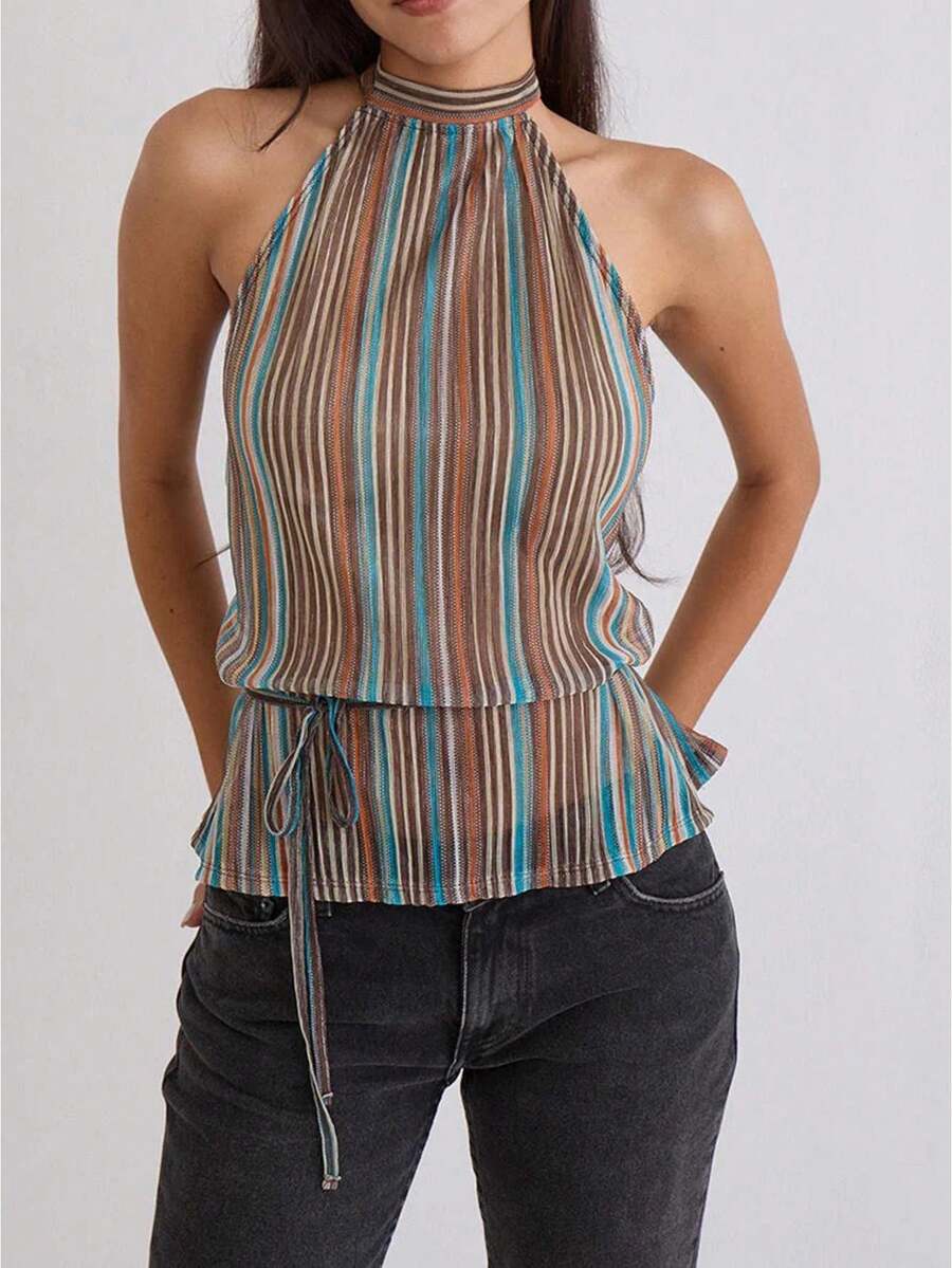 Top sin mangas elegante con volantes y espalda descubierta, top de fiesta plisado tipo chaleco con estilo Y2K - Multicolor - Ver 1