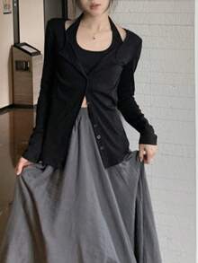 Y6Y 新款春季多扣设计黑色修身显瘦长袖T恤和短款针织开衫两件套 - 黑色 - 查看 11