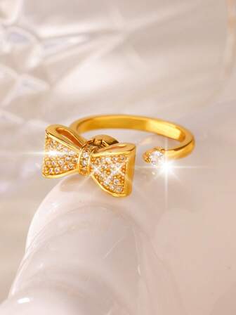 1pc Fashion Sweet Bowknot Design Zirconia Rings For Women, 18K Gold Plated Bow Open Ring, Engagement Wedding Ring, Valentine's Day Gift, Valentines,Mom,Mother,Mother's Day,Gift