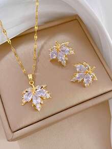 Nooxian 3件套时尚铜镀白锆石枫叶耳钉及耳钉项链套装，女士奢华珠宝礼品（不含礼盒） - 金黃色 - 查看 12