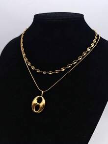 2pcs/Set Stainless Steel Oval Pig Nose & Coffee Bean Layered Necklace Set, Retro Boho Style Jewelry - Yellow Gold - View 3