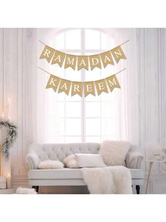 1set(2pcs) - Linen Banner, Creative Ramadan Text Moon Pattern Linen Banner, Used To Decorate Party Scenes During Ramadan