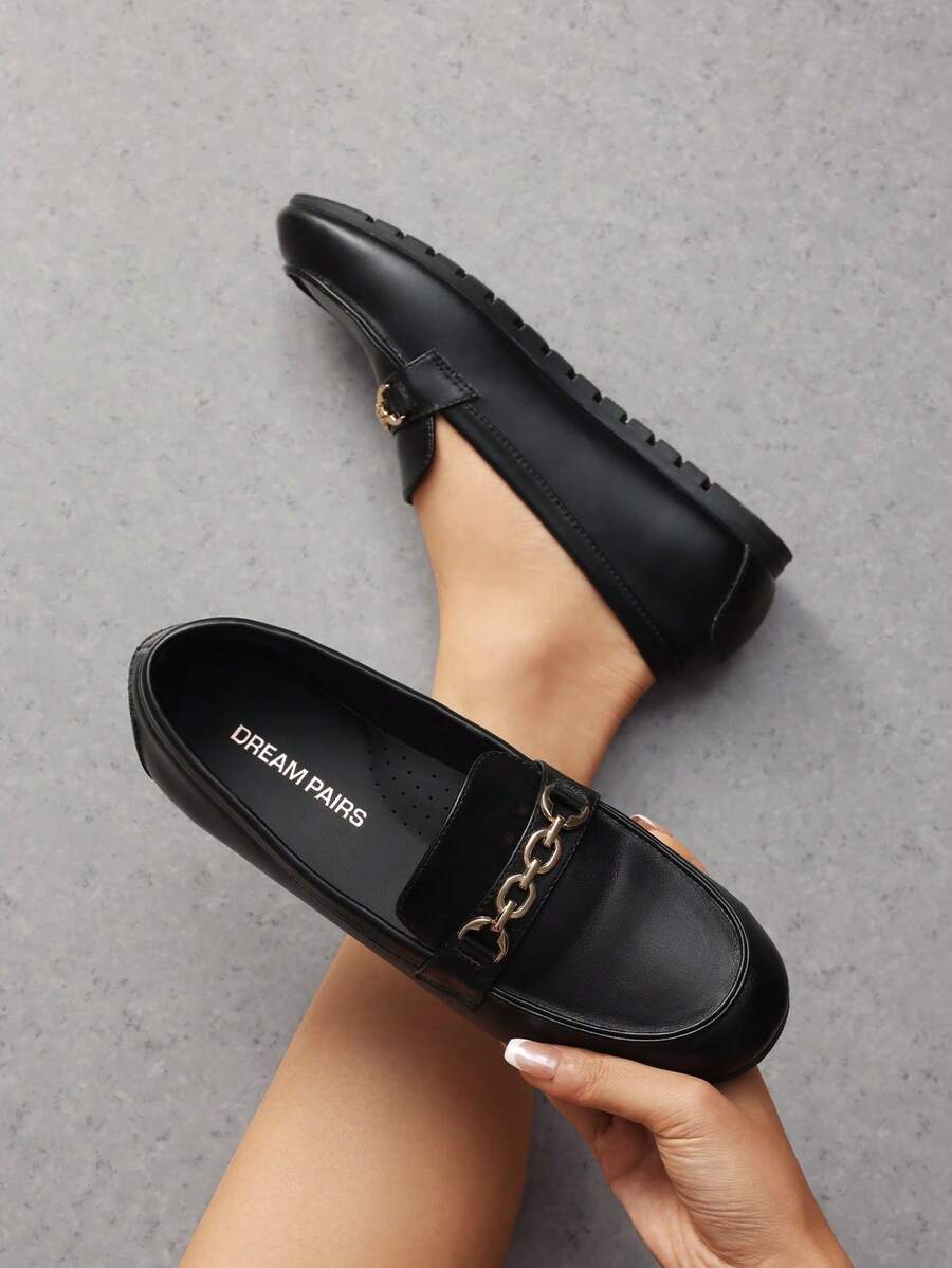 Women Flats Loafers Slip On Moccasins Flat Driving Shoes Arch Support Work Flats Chic Metal Chain Comfortable Versatile Lightweight Casual Loafers Shoes - 黑色/PU - 查看 1