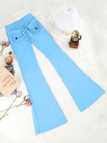 Y2K 高腰喇叭瑜伽裤，带口袋，适合提臀、健身、锻炼，女士春季款 - 淺藍色 - 查看 5