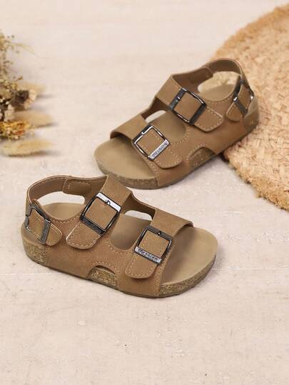 1 Pair Children Buckle Design PU Non-Slip Soft Bottom Open Toe Retro Sandals, Suitable For Summer