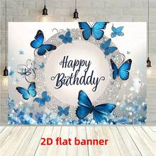 1pc Birthday Background Banner, Background Design With Blue Butterfly And "Happy Birthday" Text, Polyester Fabric Suitable For Parties, Courtyards, Home Decoration, Birthday Parties And Photography Background Decoration