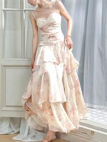 Spring Summer Elegant Floral Party Evening Dresses Women Chic Ruffle Chiffon Fairy Dress Valentine's Day Pink Clothes 2026 New Spaghetti Strap Sleeveless Beach Outfit Pink Clothes Mujers Robe - Pink - View 8