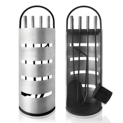 5-Piece Stainless Steel Fireplace Accessory Set, Including A Brush, Shovel, Poker, Tongs, And A Stand With A Privacy Screen.