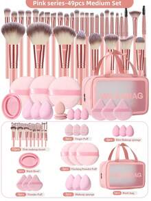 49 delar sminkverktygsset inklusive: 1 multifunktionell necessär och sminkväska med dragkedja, vattentät + 32 delar sminkborsteset + 3 delar sminksvampar + 3 delar mini-sminksvampar + 3 delar triangulära puderpuffar + 3 delar mini-luftkuddepuderpuffar + 1 delar rengöringsverktyg för sminkborstar + 3 delar runda puderpuffar. Allt-i-ett och nybörjarvänlig | Reseklar och presentklar | Perfekt för nybörjare/henne - Rosa - Visa 13