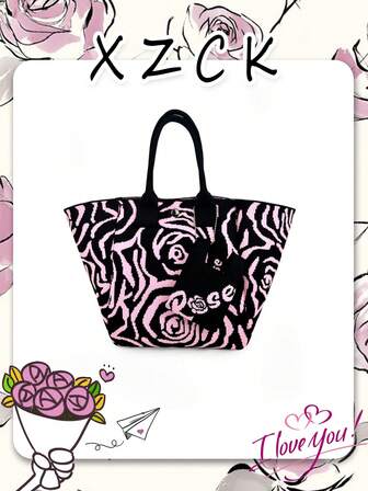  [Xzck] Modern handväska med rosmönster, liten hängande charm-tygväska, lätt och vikbar design lämplig för dagliga sammankomster, fester, shopping, vardagsmatchning, utmärkt present till flickvännen