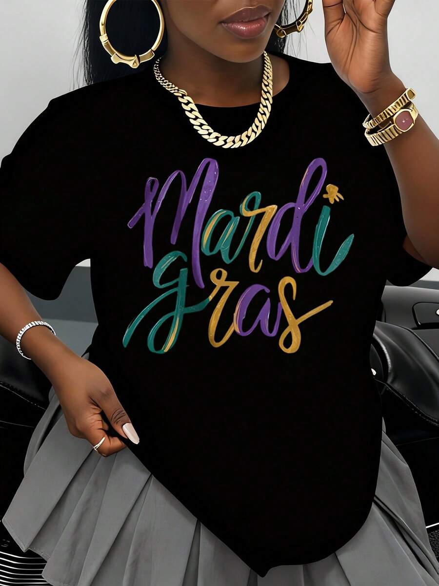 Mardi Gras Festival Celebration T Shirt For Women Colorful Graphic Print Party Outfit Streetwear Fashion Top  Wear - 黑色 - 查看 1