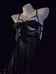 1 件女士性感内衣蕾丝蝴蝶结开裆睡袍 - 黑色 - 查看 3