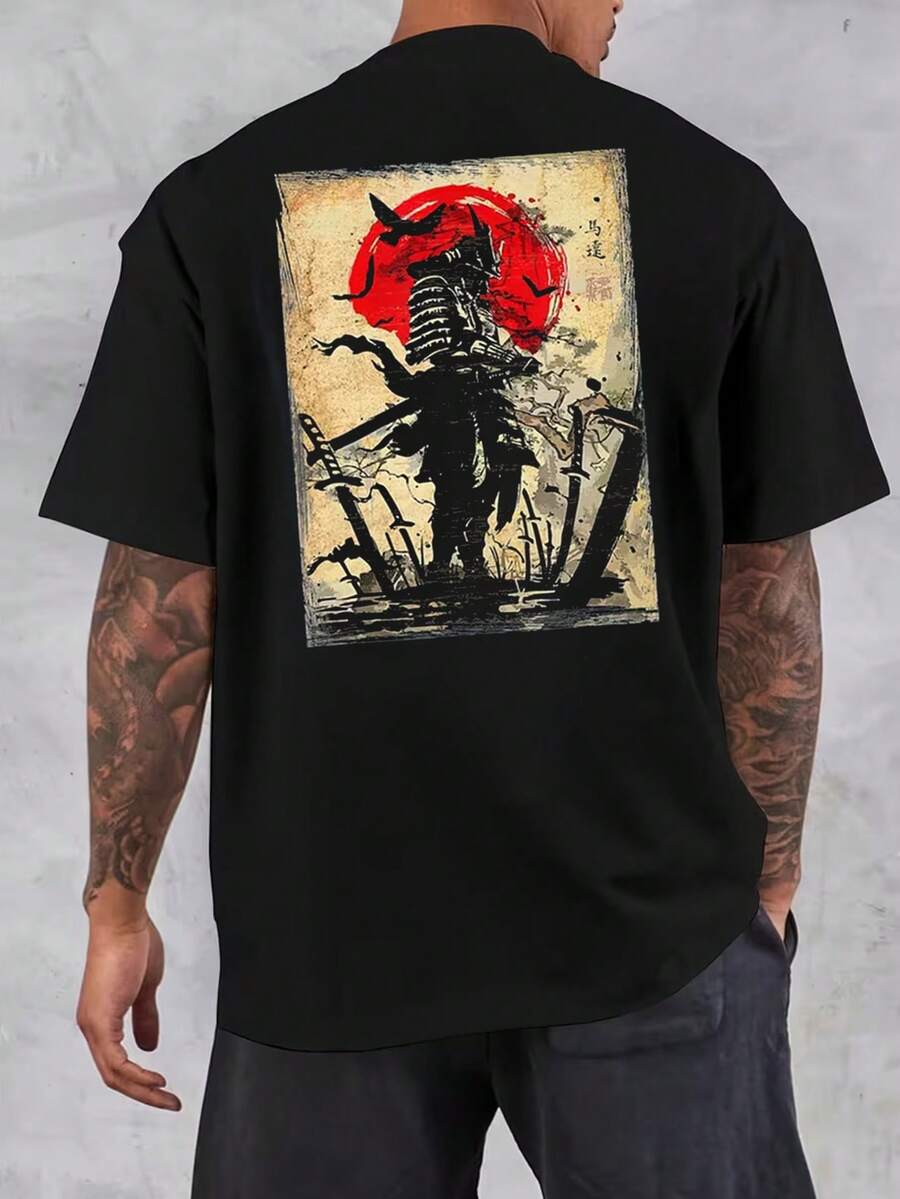 Camiseta de manga corta impresa casualmente en primavera y verano de algodón puro para hombres - Negro - Ver 1