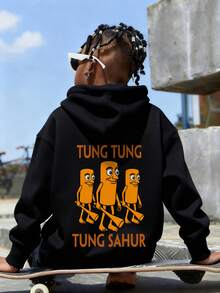 1件装 男童休闲山海景图案套头卫衣，保暖内衬，秋冬款 - 黑色 - 查看 6