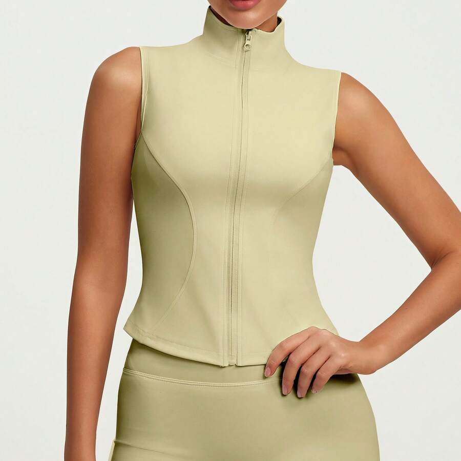 Slim Fit Fitness Sleeveless High Neck Quick-Drying Sports Jacket/Vest For Workouts And Running - 青檸色 - 查看 1