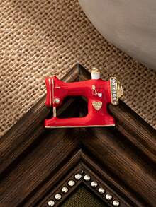 1 件复古珐琅镶嵌水钻缝纫机胸针，女士日常服装配饰，欧美风格 - 黑色 - 查看 9