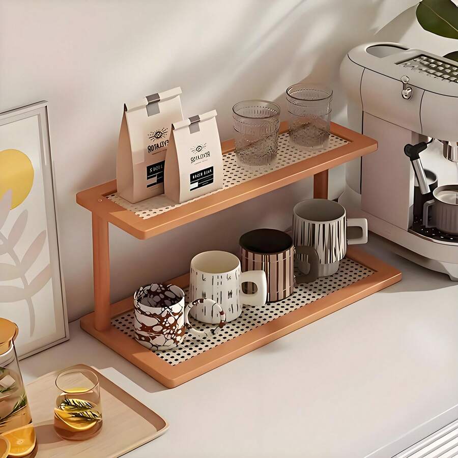 1 raft de depozitare pentru bucătărie din lemn cu 2 niveluri, design cu rafturi deschise, organizator de masă de mare capacitate pentru cești, căni, articole de ceai, scurgător de tacâmuri, suport pentru condimente, decor și afișare pentru casă, panou din ratan, uscare rapidă, respirabil și rezistent la umiditate, potrivit pentru bucătărie, sufragerie, balcon, living și dormitor - Multicolor - Vizualizare 1
