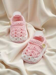1 Pair Handmade Crochet Infant Booties, Soft Green And White , Button Closure Infant Shoes - Baby Pink - View 3