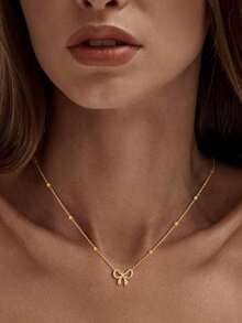 1pc Stainless Steel Jewelry – Gold Bowknot Pendant Bead Chain Set, Simple Cute Fashion Girl Necklace, Versatile High-End Stylish Minimalist Bow Pendant - 金色 - 查看 6