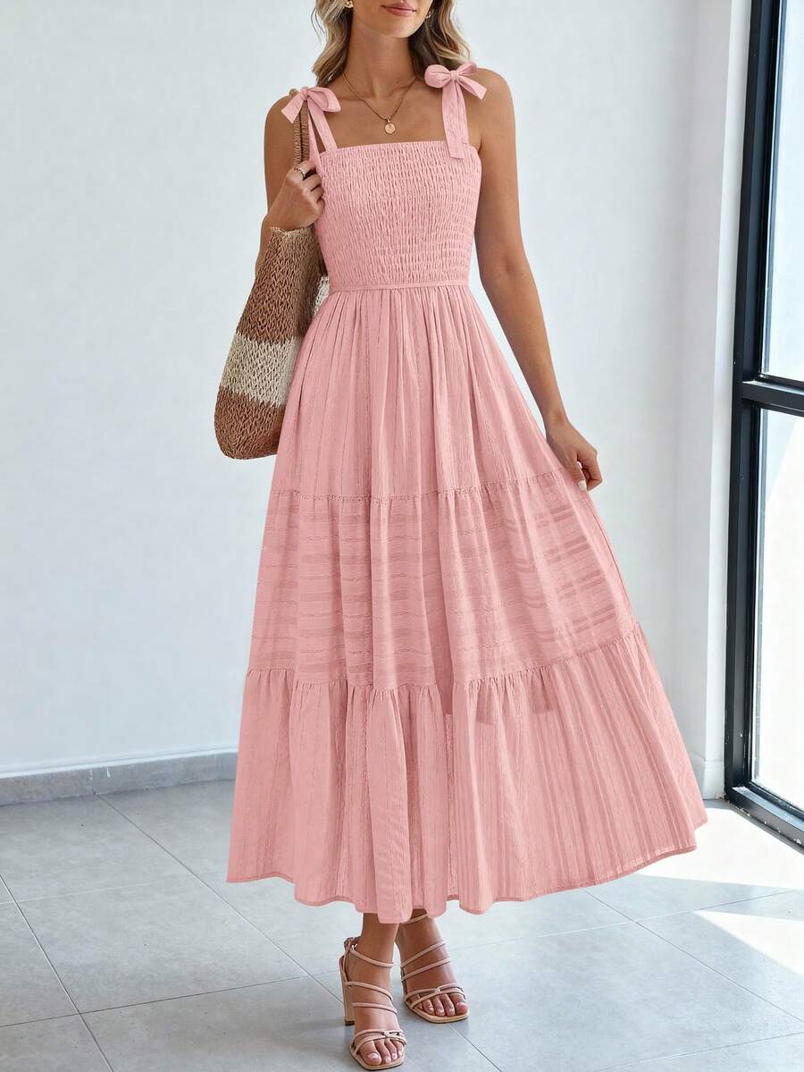 Women Summer Sleeveless Tie Shoulder Strap Smocked High Waist A-Line Long Maxi Dress Boho Beach Holiday Vacation Valentine Sundress With Pockets - 粉色 - 查看 1