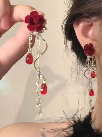 1对红色植绒玫瑰花流苏耳环，女士款，喜庆奢华，百搭