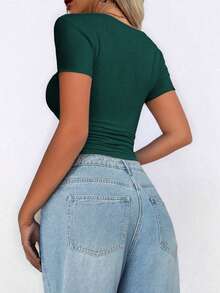 Women's Solid Color Knit Square Neck Sexy Fitted Cropped T-Shirt, Waist Design, Suitable For Casual, Beach, Holiday, School Style Wear And Easter Outfit - Dark Green - View 7