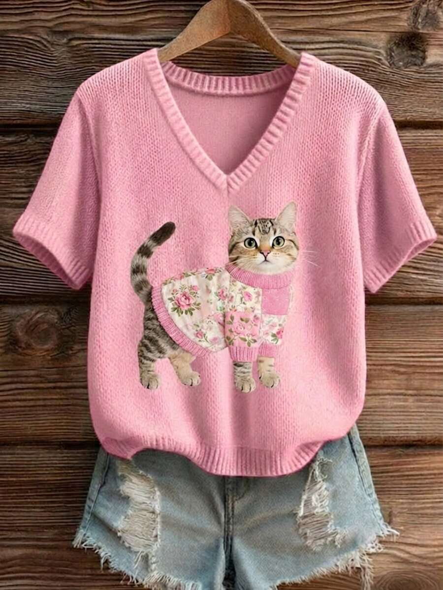 Women's Cat Print Comfortable Knit Pullover Tops - Pink - View 1