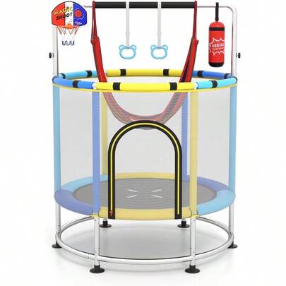 55" Trampoline Toddler Trampoline W/Hammock Basketball Hoop Punching Bag Adjustable Gym Bar And Rings No-Gap Design Home Workout Combo Perfect For 3-6 Years Old Boys And Girls