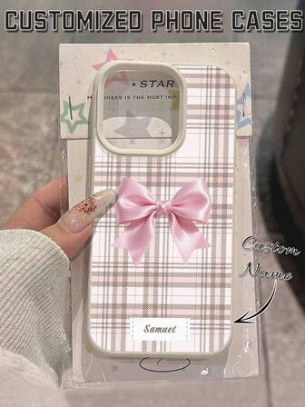 1pc Customized Phone Case, Fashionable Plaid Pink Bow Design Suitable For Samsung S23 Ultra/S24 Ultra/A54 And Redmi Note13 Pro Plus/Redmi 9A/10C And 17 Pro Max/6 Pro Max/15 Pro/14 Plus/13 Pro/12 Pro Max/11/Xs Max, Anti-Fall, Anti-Fingerprint, Durable, Gorgeous, Best Gift For Friends, Mothers, Girlfriends