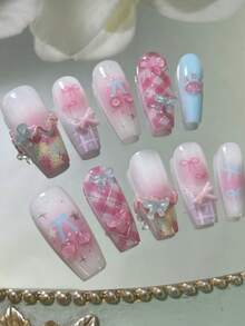 10pcs/Set Handmade Cute & Sweet Coffin Nail Stickers, Y2K Gradient Blush Base With Star, Checkerboard, Polka Dot And Multicolor Diamond Patterns - Multicolor - View 11