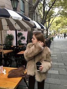 Women's Elegant Faux Fur Warm Jacket, Long Sleeve Stand Collar Thick Furry Coat, Fashion Casual Ladies Outerwear, Luxurious Stylish Commuter Daily Winter Jacket For Women - Light Brown - View 3