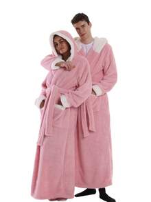 1pc Thick Plush Bathrobe, Basic Casual Loungewear, Warm & Comfortable, Suitable For Home, Holiday Gift - Pink Hooded - View 1
