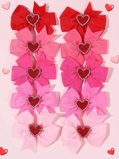 10/2 piezas Clips para el cabello de San Valentín para niñas, Pasadores para el cabello con forma de corazón, Rosa sólido, Clips para el cabello con lazo rosa de rhinestone, Clips de caimán de satén de poliéster, Minimalista para uso diario, Regalo festivo para niñas
