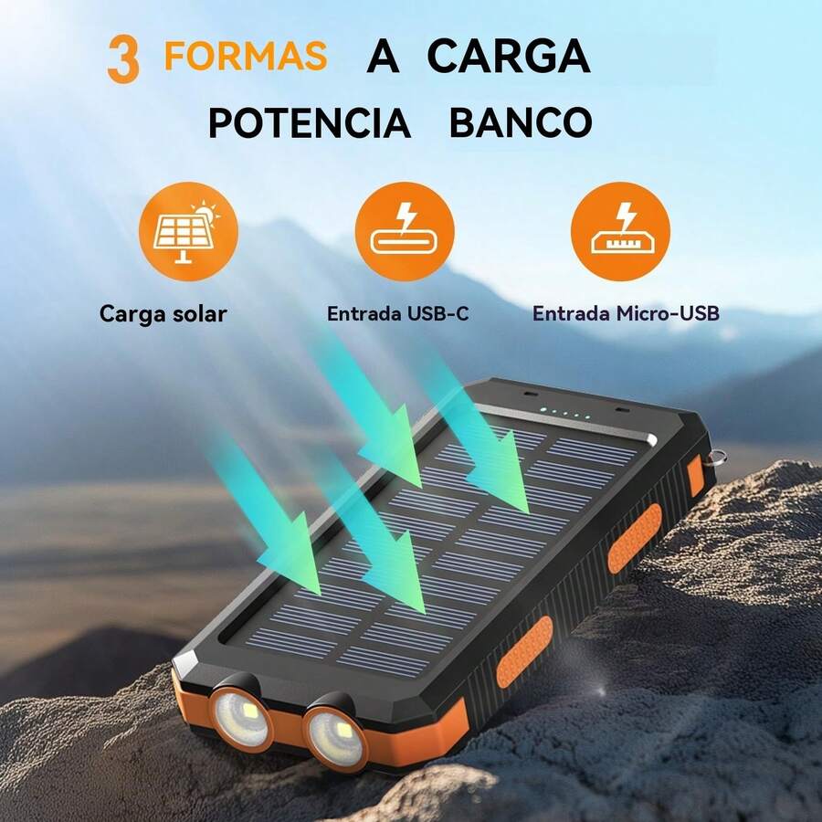 Banco de energía solar 2025 de 20000 mAh: cargador portátil con panel solar, puertos USB duales QC3.0, linterna LED, batería externa duradera para teléfonos y dispositivos electrónicos, ideal para viajes y campamentos.