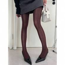1 Pair Autumn And Winter White Vertical Lace Polka Dot Thin Cotton Slightly Transparent High Elasticity Retro Jacquard Coffee Colored Base Silk Stockings Pantyhose - 咖色 - 查看 7