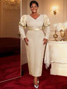 Plus Size Women's Gold Jacquard Long Cocktail Dress, V-Neck Puff Sleeve Pencil Dress With Slit Design, Elegant Woven Fabric, Suitable For Special Occasions Wedding Spring Party - Khaki - View 9