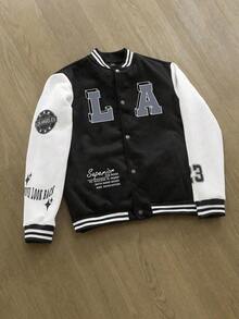 1pc Tween Boys Fashion Letter Print Color Block V-Neck Pullover Sweatshirt Jacket, Autumn/Winter - Black - View 3