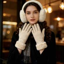 新款女士冬季保暖两件套，可折叠便携可调节弹性耳罩，触屏防滑加厚手套，多种颜色可选，冬季户外骑行滑雪通勤御寒保暖套装，时尚百搭 - 彩色 - 查看 5