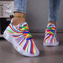 Women's Vintage Lightweight Slip-On Sneakers - Colorful, Synthetic Upper, Breathable Fabric Lining And Padded EVA/PVC Sole, Suitable For Casual Sports And Daily Wear, Women's Sneakers, Classic Stripe Design - White - View 4