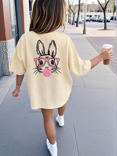 Cute Glasses Rabbit Graphic Tee, Artistic Style T-Shirt To Inspire Imagination And Self-Expression, Suitable For Kids And Children, Casual Short Sleeve Crew Neck Top For Summer, Girls Clothing