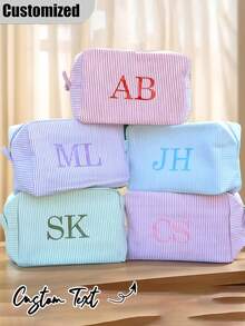 Customized Name Makeup Bag, Customized Makeup Organizer Bag, Monogram Cosmetic Bag, Bridesmaid Box, Toiletry Cosmetic Bag, Nursing Bag, Embroidered Bag, Toiletry Bag, Travel Makeup Bag, Unique Waffle Design, Space-Saving, Elegant, Fashionable, Tidy, Minimalist, Casual, Unique Personalized Gift, Suitable As Valentine's Day Gift - Multicolor - View 9