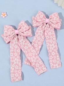 2pcs Cream/Pink Lace Hair Bows For Girls ,Sweet Flower Print Hair Clips With Long Ribbons ,Alligator Clips ,Elegant Barrettes ,Hair Accessories For Daily Life ,Vacaton & Festivals,Favor Gifts