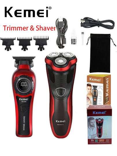 Kemei Electric Hair Clipper + Electric Shaver Set, KM-999 DLC T-Blade Zero Gap Hair Trimmer And 3D Electric Shaver, Wet & Dry For Men, Shave & Head Shave, USB Rechargeable Electric Shaver KM-9013, New Year Men's Personal Care Set