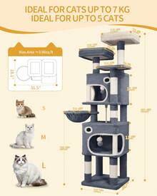 HEXCELEN 62.6" Cat Tree, Multi-Level Cats Condo With 8 Scratching Posts, Cat Tower For Indoor Cats, 3 Platforms, 2 Caves, Basket, Plush Balls, Sisal Rope, Anti-Tip Kit, Dark Grey - 深灰色 - 查看 7