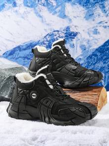 男士休闲冬季运动鞋，系带雪地靴，带绒面内衬，机甲风格纯色中帮人造毛皮鞋，加大码 45，户外防寒保暖休闲鞋，厚底防滑男士雪地运动鞋 - 黑色 - 查看 3