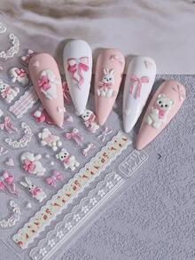 1 pieza Pegatina de arte de uñas 5D en relieve con conejo lindo y lazo, decoración de uñas con patrón de conejo DIY, herramienta de accesorios de arte de uñas, suministros de uñas - Multicolor - Ver 9