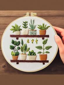 1pc Embroidery Kit, 20x20cm/7.9x7.9in Bookshelf Plant Pattern, Handmade DIY Embroidery Set, Suitable For Adults And Beginners, Includes Instructions, Printed Fabric, Embroidery Hoop And Threads. - Multicolor - View 3