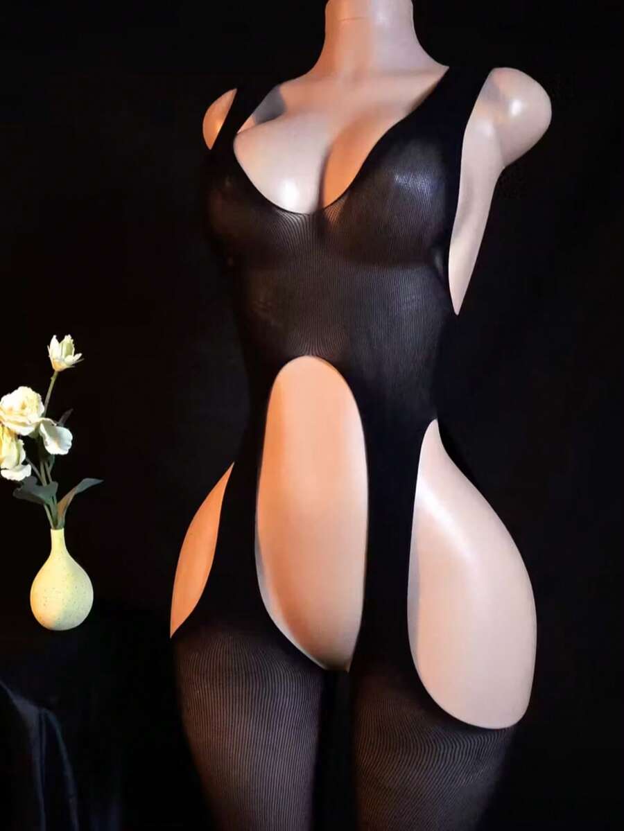 女士性感连体网袜 - 高腰交叉绑带设计，半透明黑色优雅性感套装，无胸垫，可手洗，适合私密场合、派对、休闲穿着 - 舒适贴合，高弹面料，高支撑力，即买即穿，精致特别系列，新颖单品 - 黑色 - 查看 1